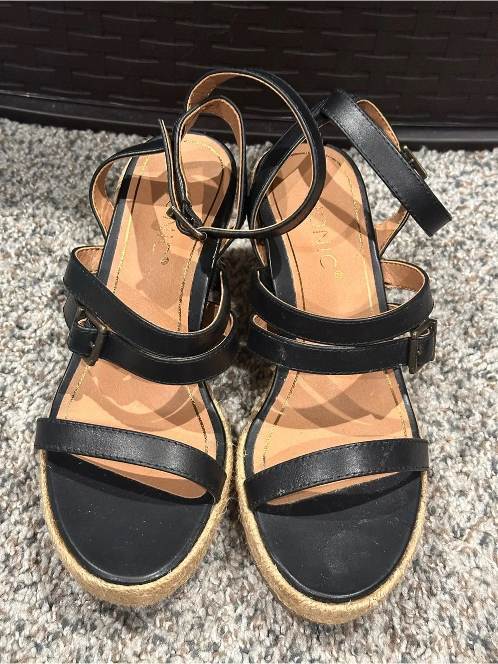 Vionic Black Leather Strappy Espadrille Wedge Sandals